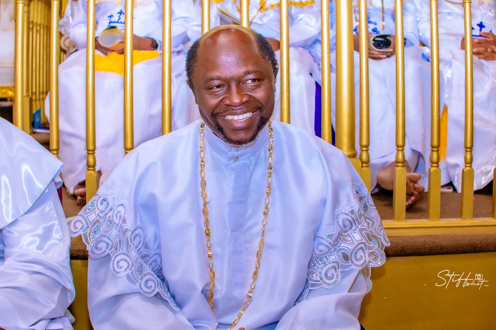 VSE Kayode Deji Nunayon smiling in ceremonial church attire at Hephzibah Family Cathedral