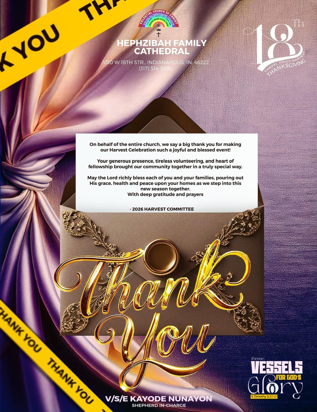Thank-you message from Hephzibah Family Cathedral’s 2026 Harvest Committee